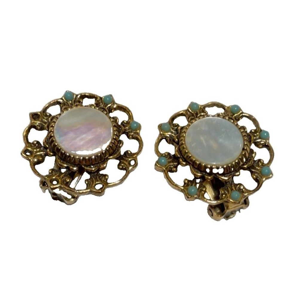 Vintage Mother of Pearl Clip On Earrings Gold Tone Filigree Turquoise Accents